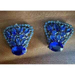 Vintage Cobalt Blue Rhinestone Dress/Fur/Shoe Clips Silver Tone Pair Glam‎